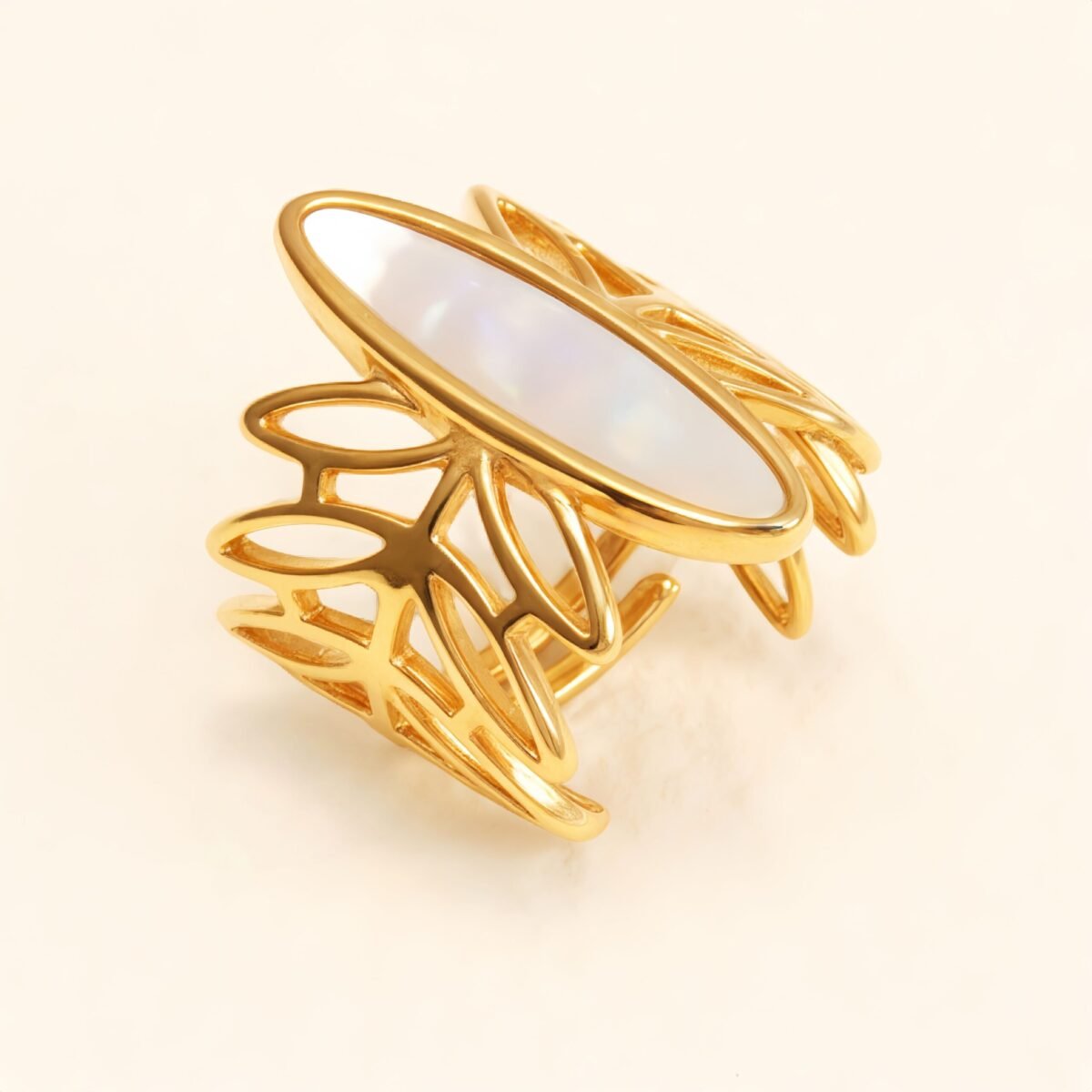 Geometric Hollow Mother - of - Pearl Ring, Fashion Women's Niche Design Gold Ring | WF-1041J - Image 2
