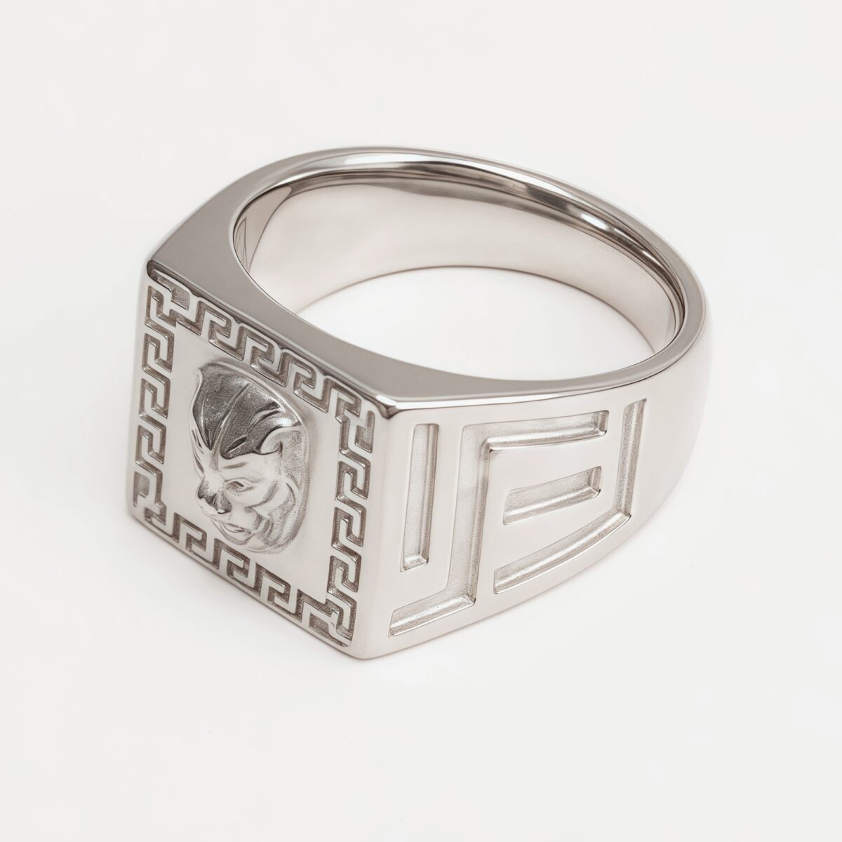 Silver Men's Ring with Lion Head and Greek Meander Pattern | G002053 - Image 2