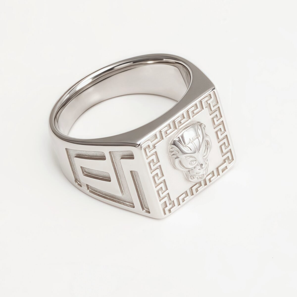 Silver Men's Ring with Lion Head and Greek Meander Pattern | G002053 - Image 3