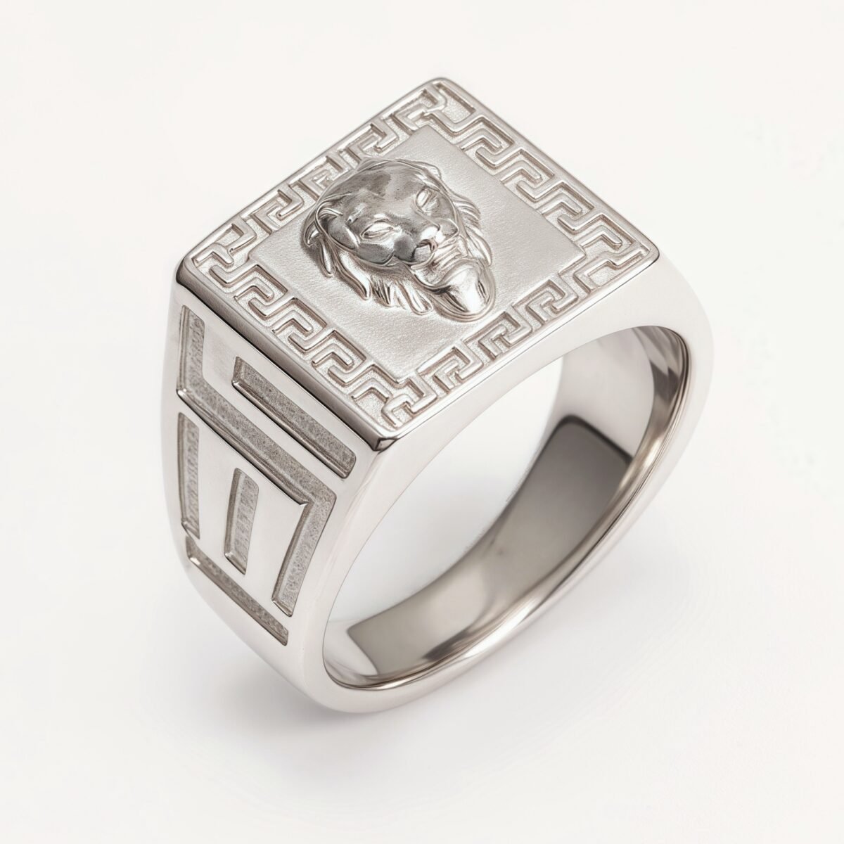 Silver Men's Ring with Lion Head and Greek Meander Pattern | G002053 - Image 1