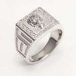 Silver Men's Ring with Lion Head and Greek Meander Pattern | G002053