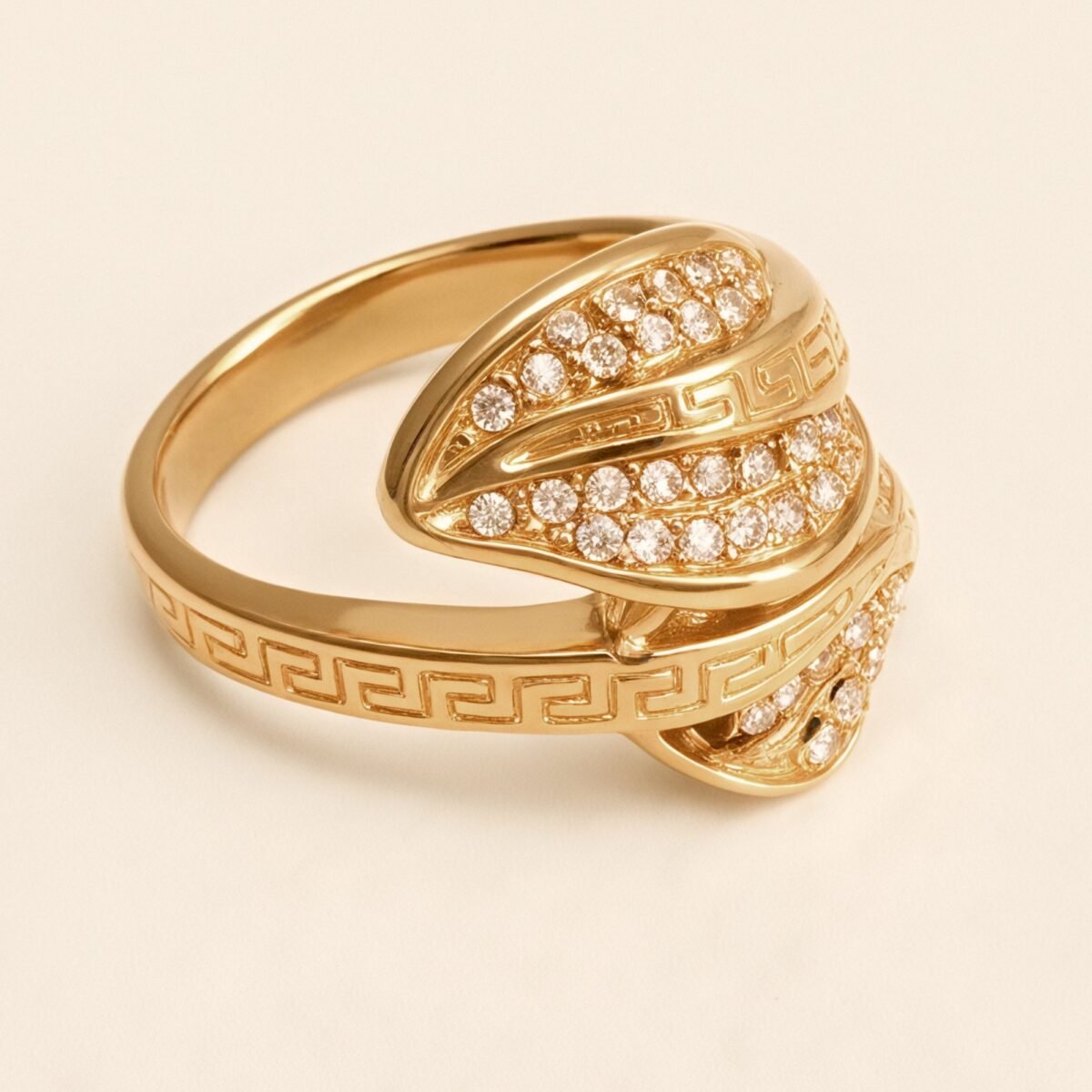 Vintage Greek Key Leaf Diamond Ring, Shiny Gold Women's Jewelry | G003153 - Image 3