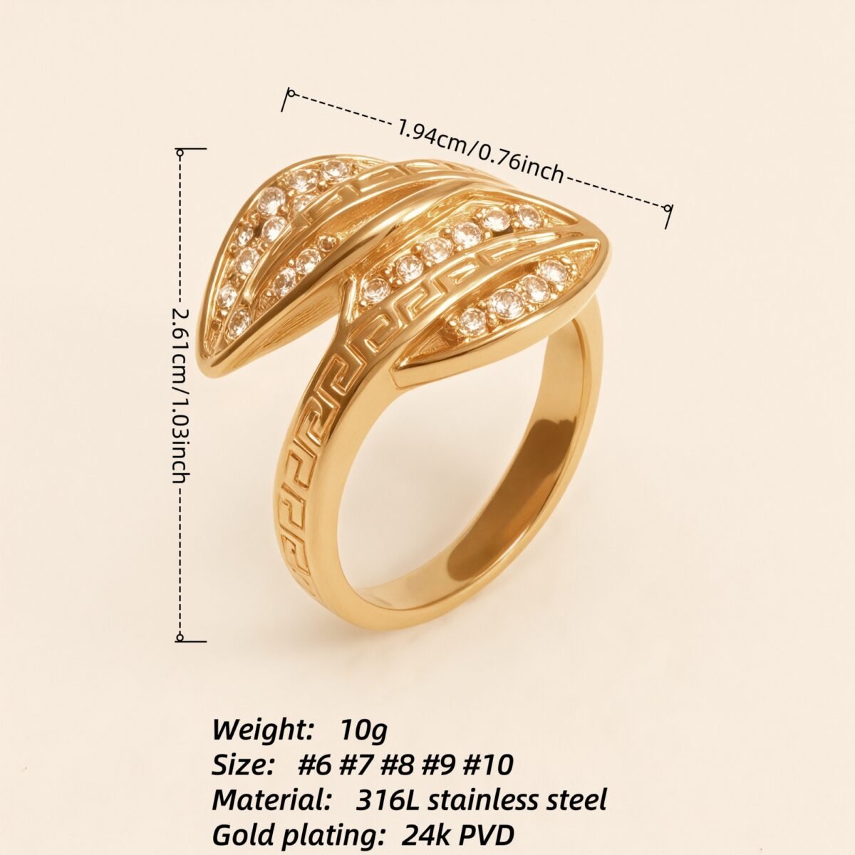 Vintage Greek Key Leaf Diamond Ring, Shiny Gold Women's Jewelry | G003153 - Image 4
