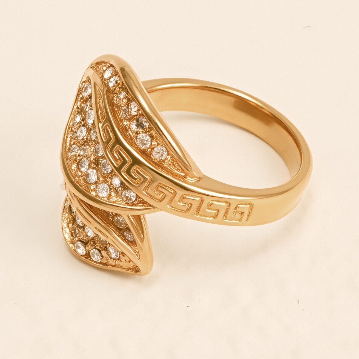 Vintage Greek Key Leaf Diamond Ring, Shiny Gold Women's Jewelry | G003153 - Image 2