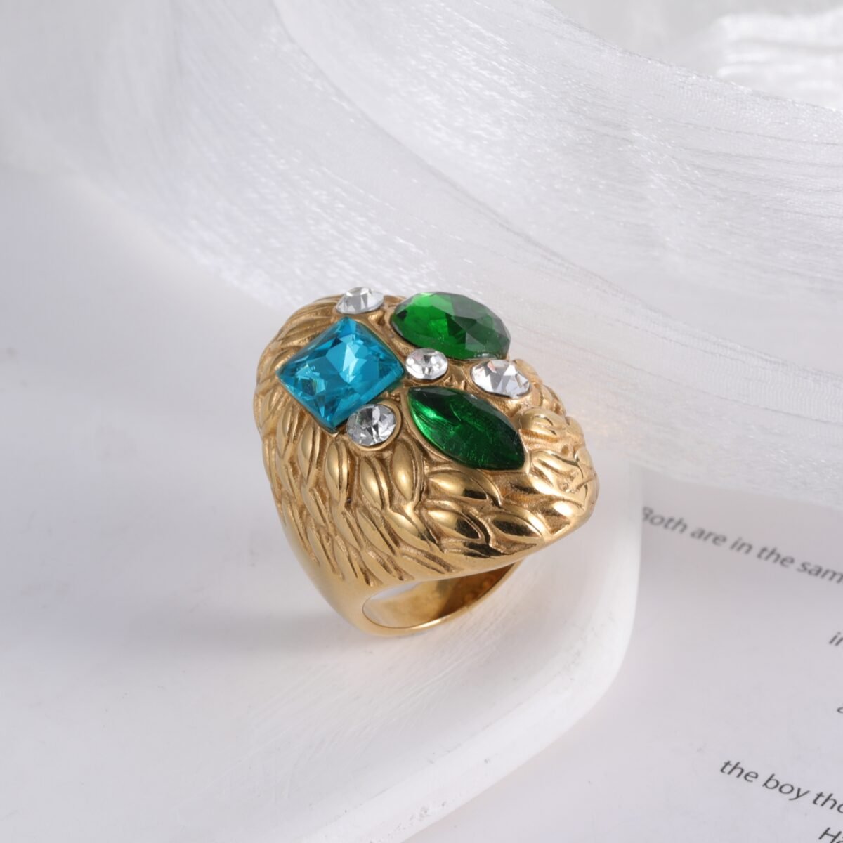 24K Gold Plated Stainless Steel Rings with Artificial Gemstones & Pearls - Image 4