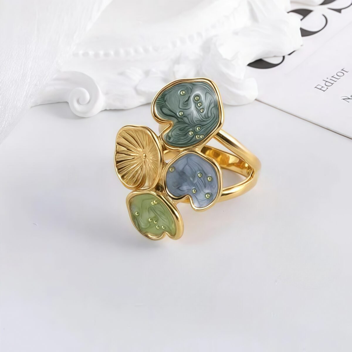 Bold Stainless Steel Ring with Green and Blue Floral Design for Women | G004481 - Image 4