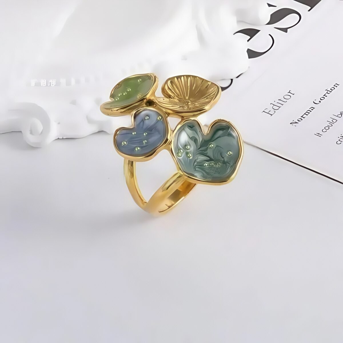 Bold Stainless Steel Ring with Green and Blue Floral Design for Women | G004481 - Image 1