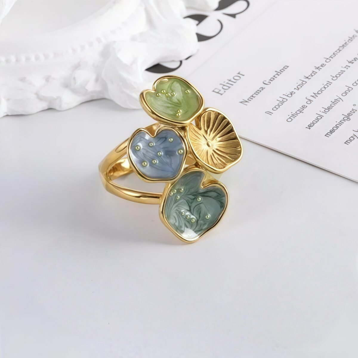 Bold Stainless Steel Ring with Green and Blue Floral Design for Women | G004481 - Image 3
