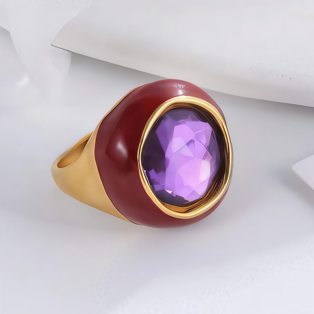 Vintage Stainless Steel Gemstone Ring Colorful Resin Oval Women Ring | G004606 - Image 4
