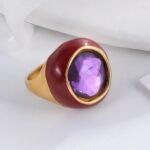 Vintage Stainless Steel Gemstone Ring Colorful Resin Oval Women Ring | G004606 - Image 4