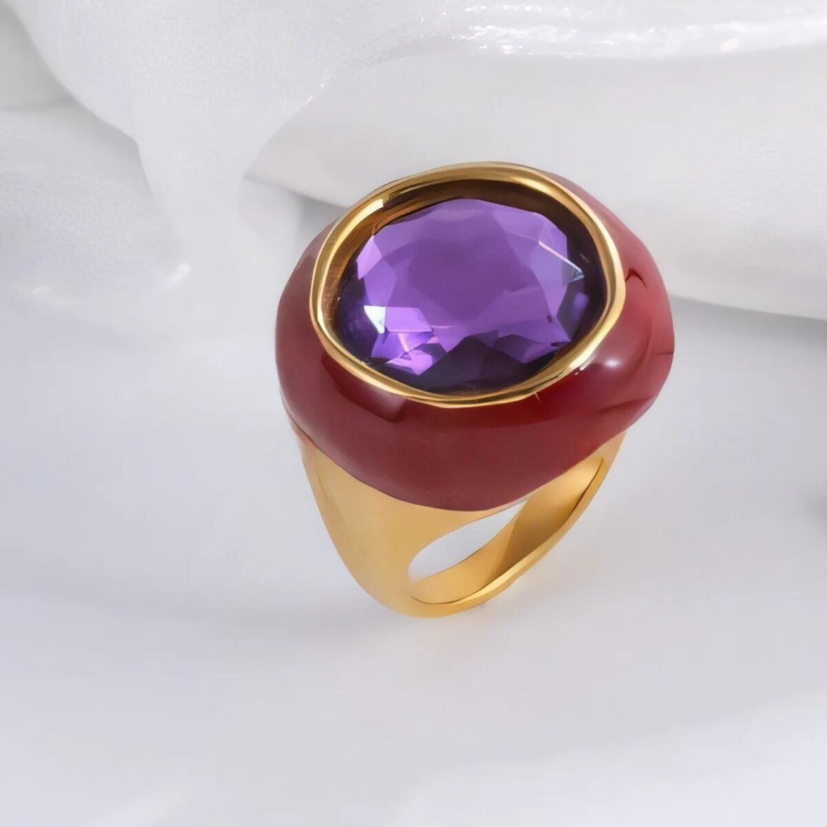Vintage Stainless Steel Gemstone Ring Colorful Resin Oval Women Ring | G004606 - Image 5