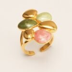 Women's Stylish Gold - toned Stainless Steel Open - ring with Multicolored Gemstones | G00625