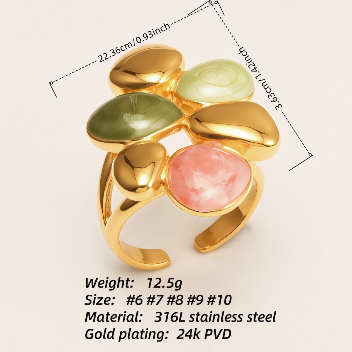Women's Stylish Gold - toned Stainless Steel Open - ring with Multicolored Gemstones | G00625 - Image 2