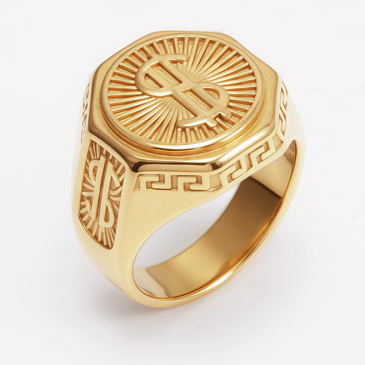 Vintage Gold Men's Ring with Octagonal Shape & Embossed Dollar Sign | G005134J - Image 1