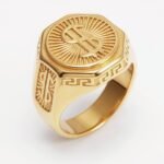 Vintage Gold Men's Ring with Octagonal Shape & Embossed Dollar Sign | G005134J