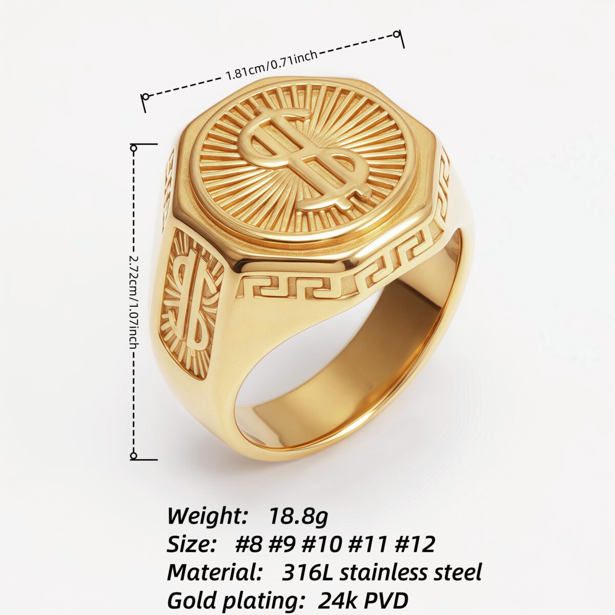 Vintage Gold Men's Ring with Octagonal Shape & Embossed Dollar Sign | G005134J - Image 4