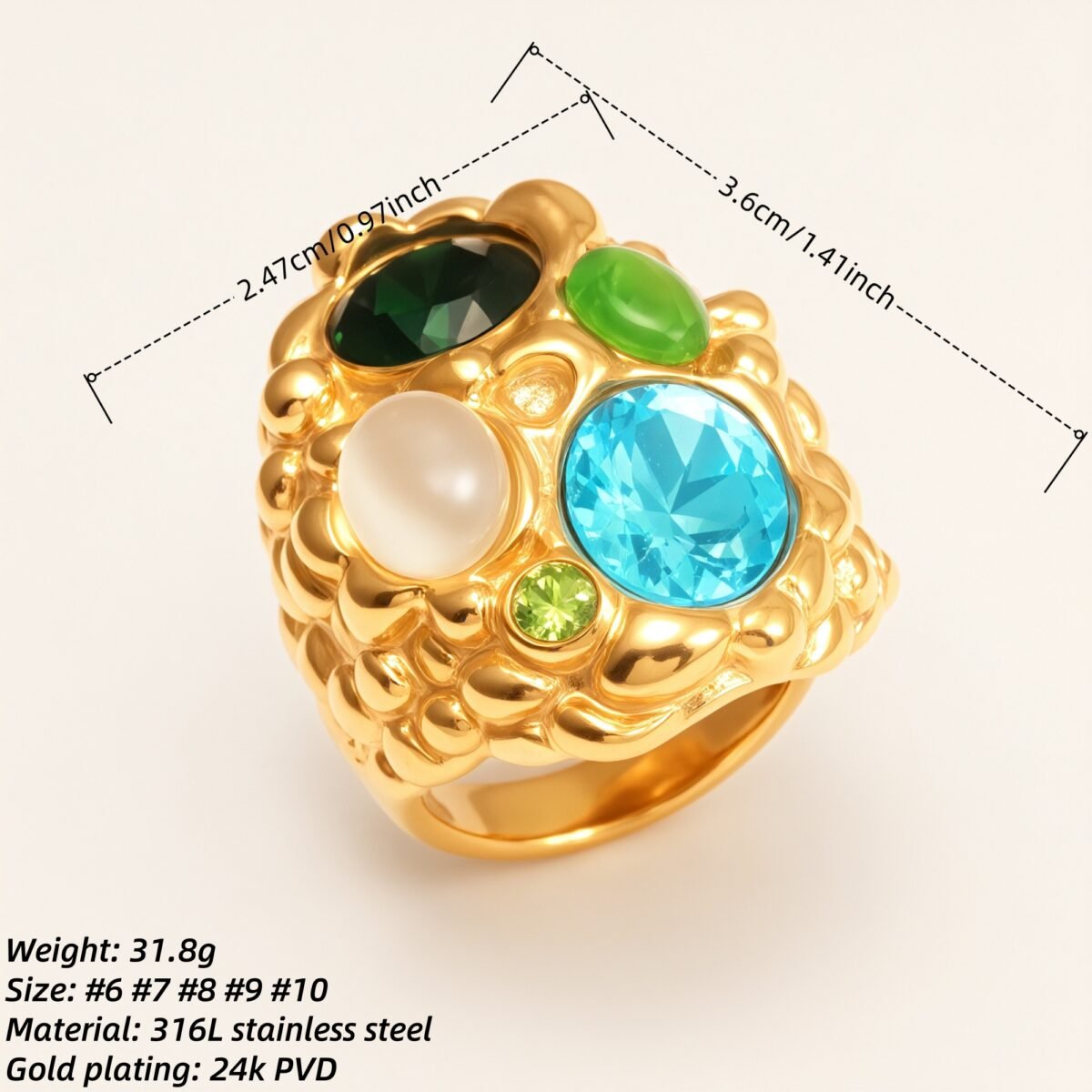 Elegant Women's Gold - colored Stainless Steel Ring Inlaid with Multiple Gemstones | G004508 - Image 2