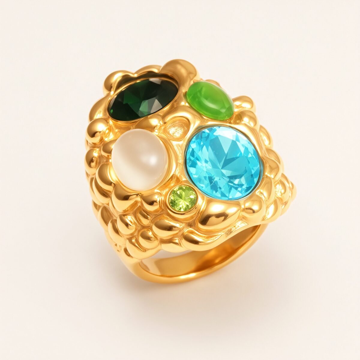 Elegant Women's Gold - colored Stainless Steel Ring Inlaid with Multiple Gemstones | G004508 - Image 1