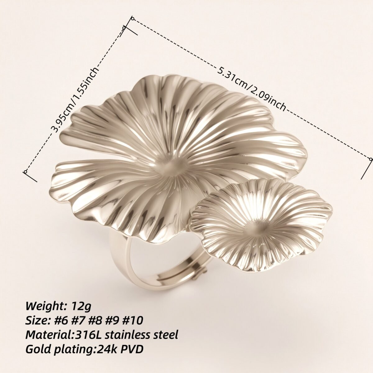 Metal Petal Ring, Women's Fashion Statement Jewelry  | G005415 - Image 2
