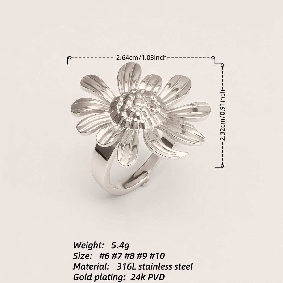 Stainless Steel Daisy Ring, Adjustable Opening, Niche Design, Fashionable Jewelry for Women | G005536 - Image 2