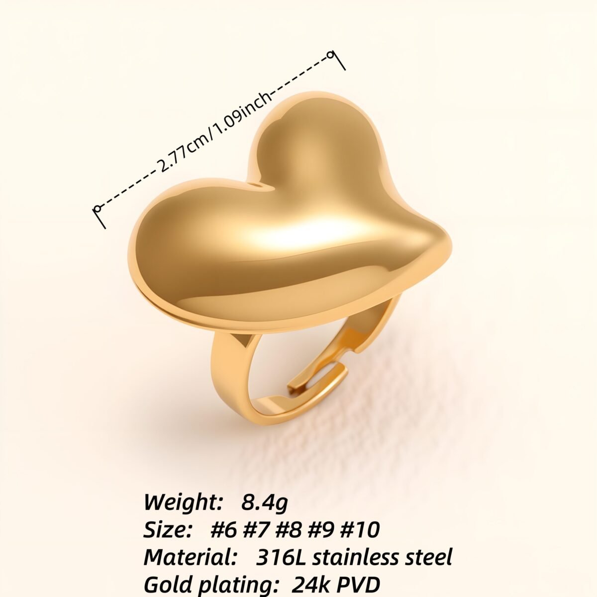 Simple Heart - Shaped Gold Ring, Open - ended Stylish Ring for Women  | G006221J - Image 2