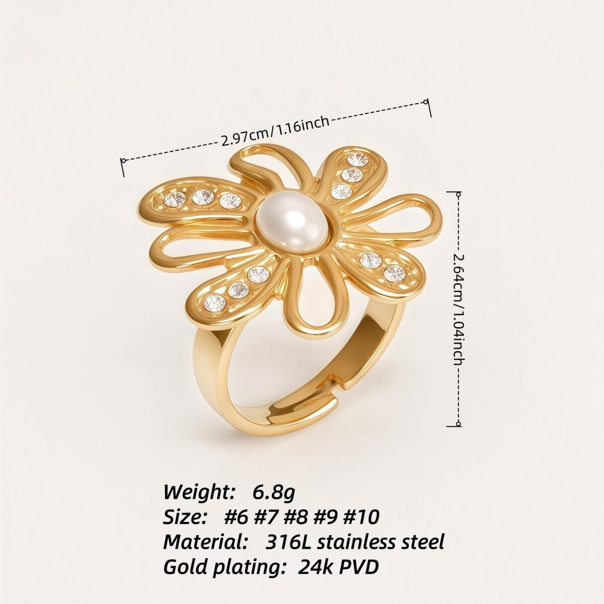 Stainless Steel Pearl Daisy Ring, Adjustable, Luxurious Shining, Elegant Jewelry for Women | G006428J - Image 3