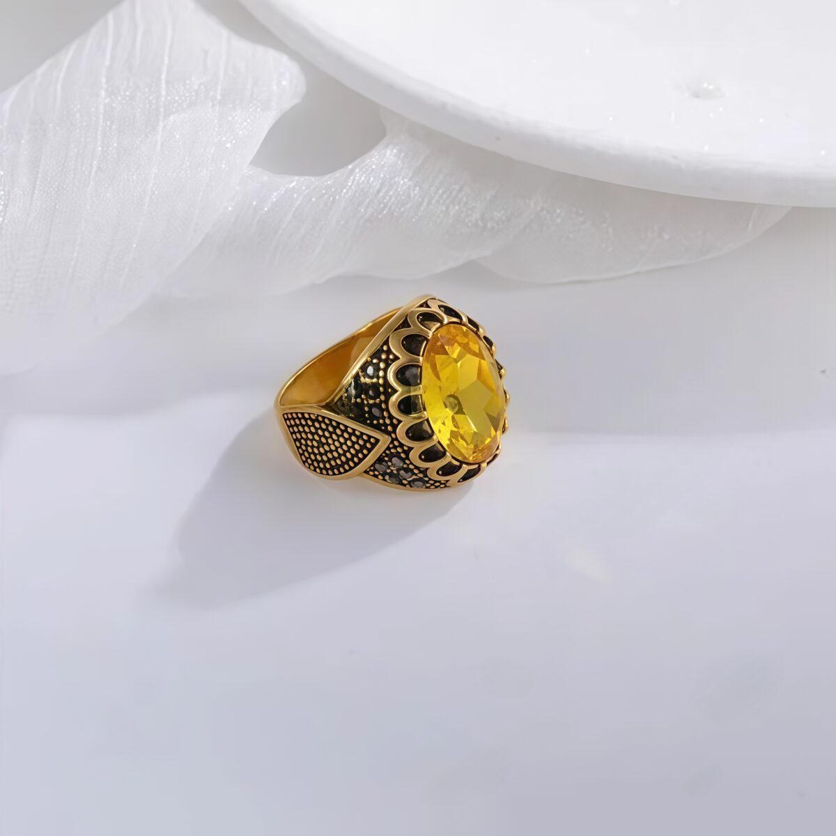 Vintage Stainless Steel Yellow Gemstone Ring with Hollow Carving Details for Men | K002762 - Image 3
