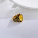Vintage Stainless Steel Yellow Gemstone Ring with Hollow Carving Details for Men | K002762 - Image 3