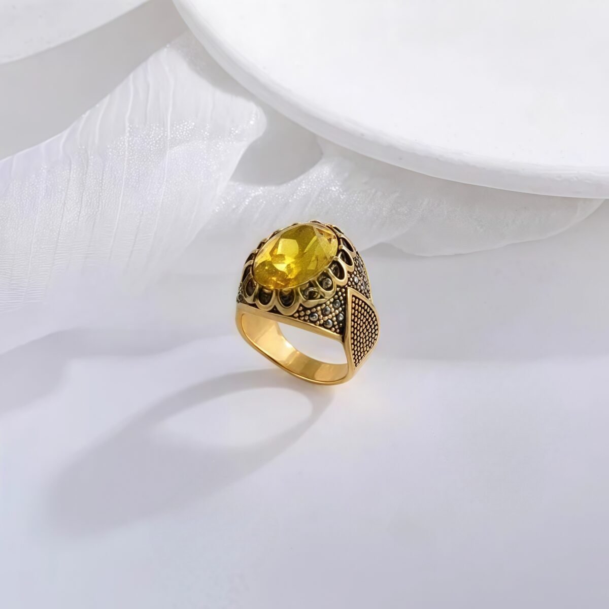 Vintage Stainless Steel Yellow Gemstone Ring with Hollow Carving Details for Men | K002762 - Image 2