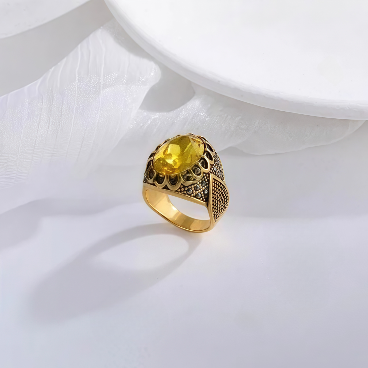Vintage Stainless Steel Yellow Gemstone Ring with Hollow Carving Details for Men | K002762 - Image 5