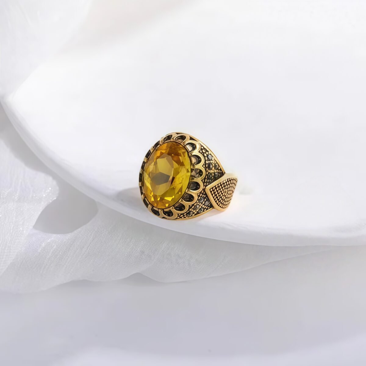 Vintage Stainless Steel Yellow Gemstone Ring with Hollow Carving Details for Men | K002762 - Image 4
