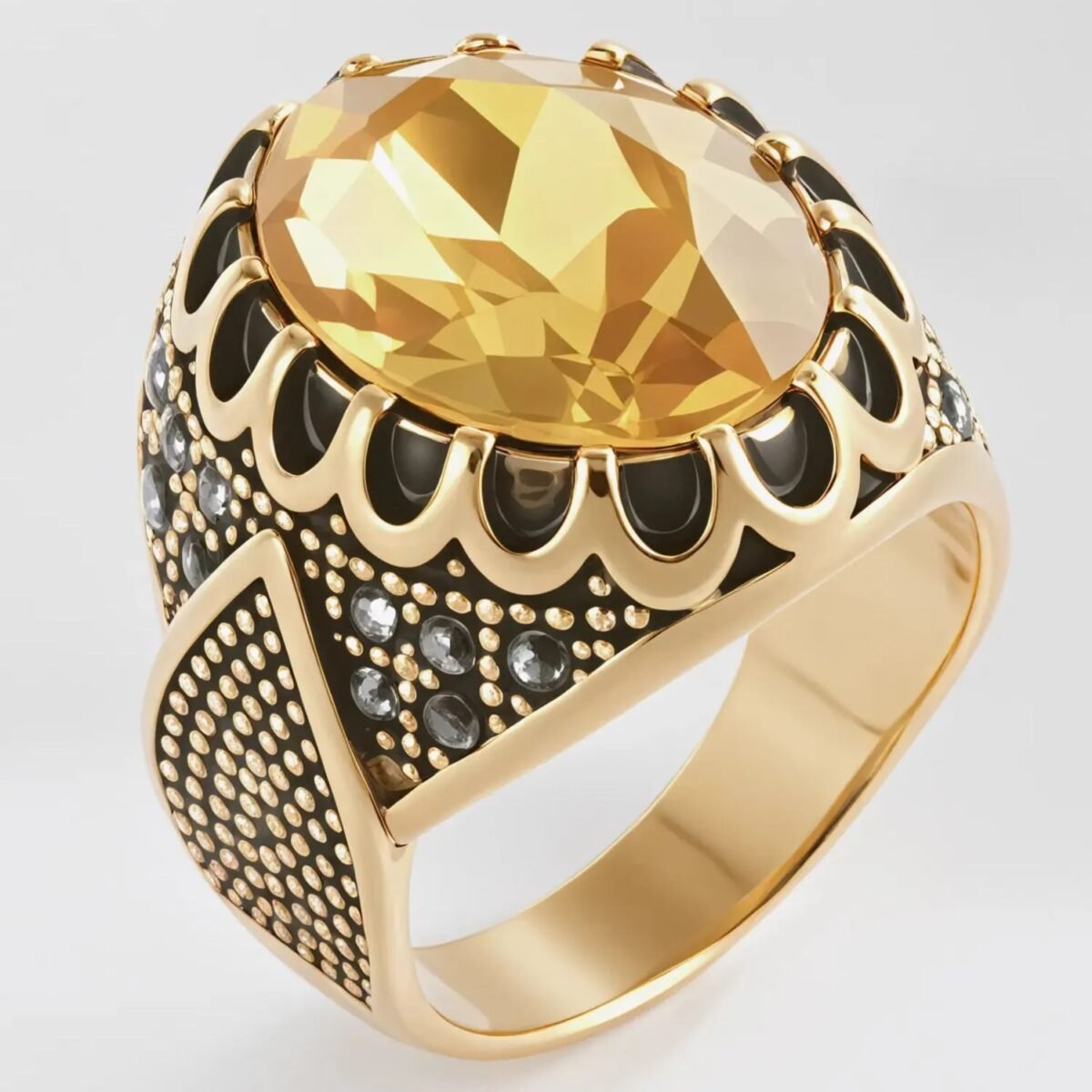Vintage Stainless Steel Yellow Gemstone Ring with Hollow Carving Details for Men | K002762 - Image 1