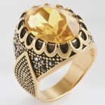 Vintage Stainless Steel Yellow Gemstone Ring with Hollow Carving Details for Men | K002762