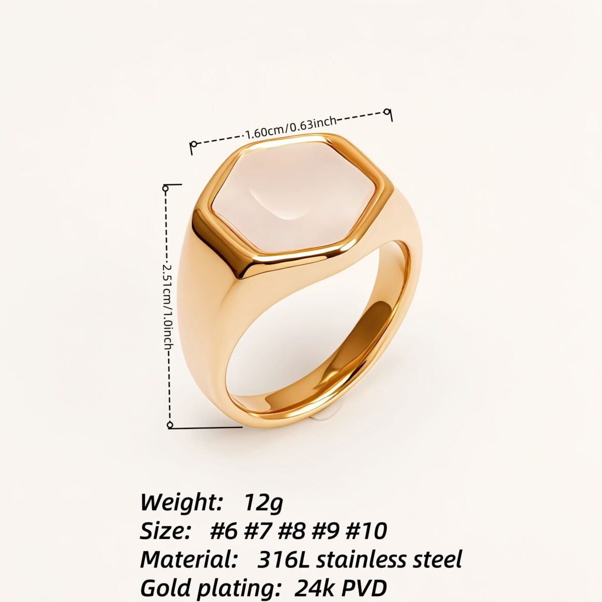 Gold Hexagonal Opal Ring, Retro - Fashion Unisex Finger Ring  | A249J - Image 2
