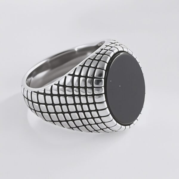 Retro Grid Engraved Minimalist Black Round Stainless Steel Men's Ring | B357