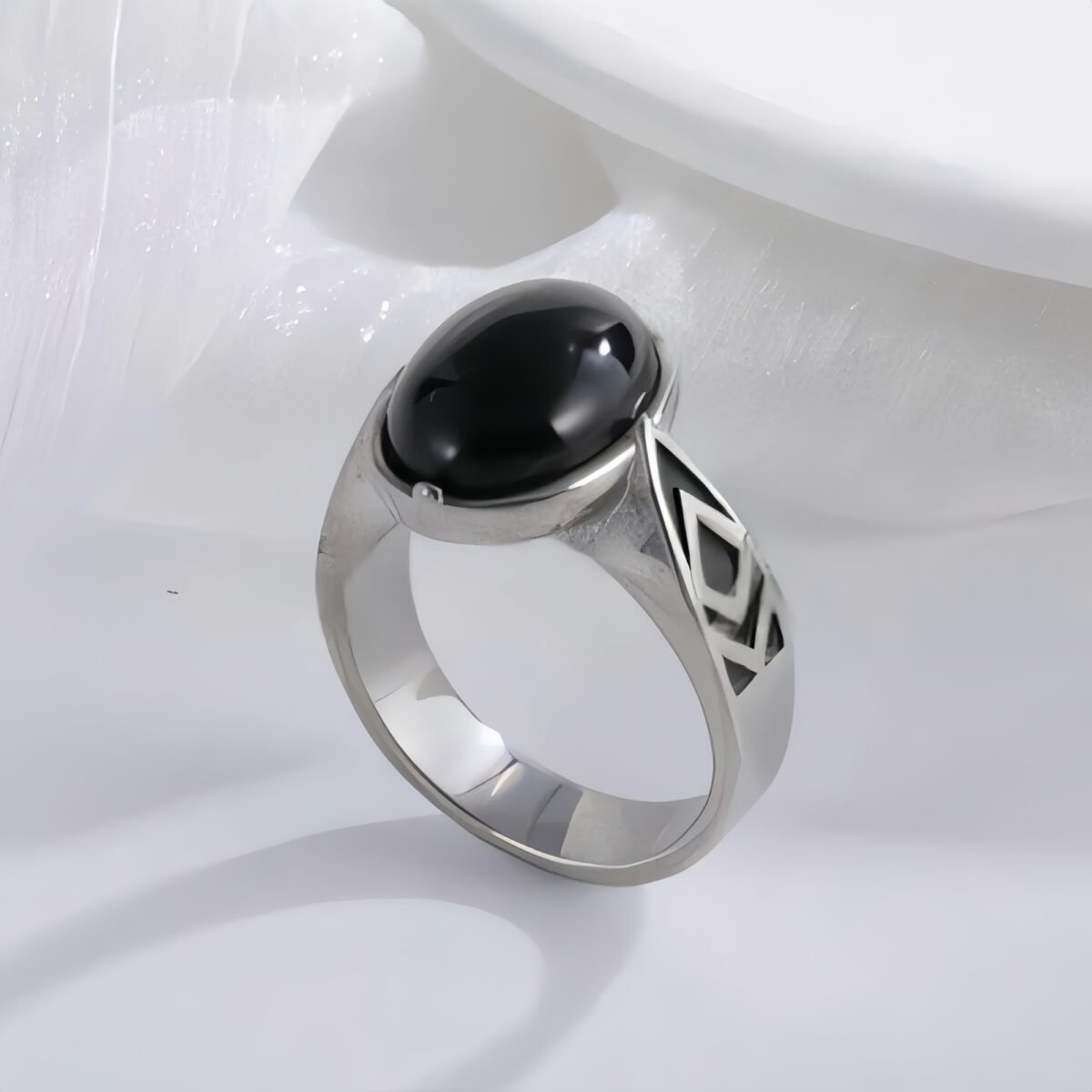 Classic Black Gemstone Ring Stylish Geometric Design Stainless Steel Ring for Men | K00738 - Image 2