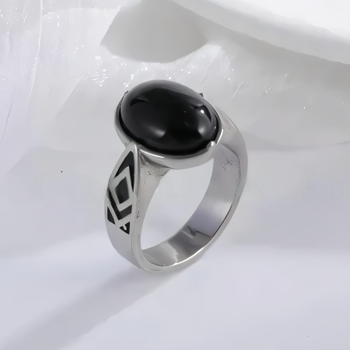 Classic Black Gemstone Ring Stylish Geometric Design Stainless Steel Ring for Men | K00738 - Image 1