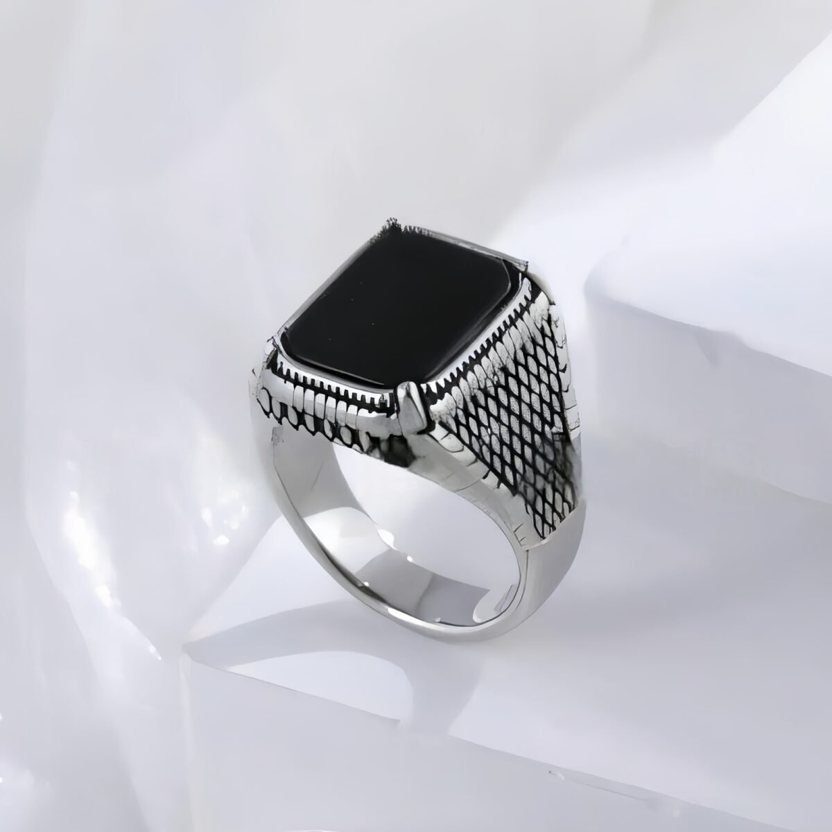 Classic Black Onyx Ring Stainless Steel Square Signet Design for Men | K002773 - Image 4