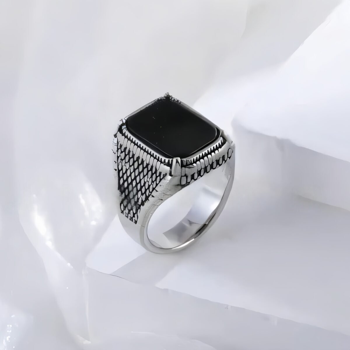 Classic Black Onyx Ring Stainless Steel Square Signet Design for Men | K002773 - Image 1