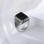 Classic Black Onyx Ring Stainless Steel Square Signet Design for Men | K002773