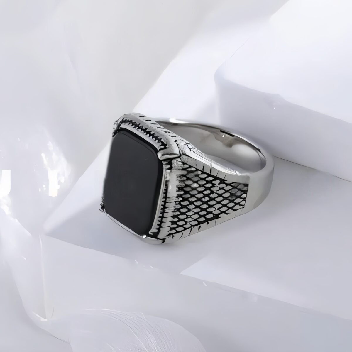 Classic Black Onyx Ring Stainless Steel Square Signet Design for Men | K002773 - Image 2