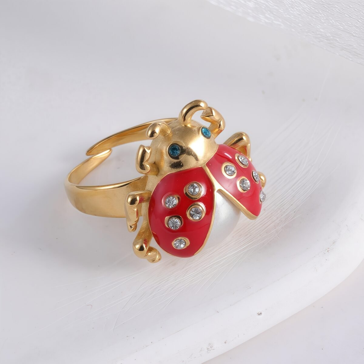 Cute lucky diamond-encrusted ladybug stainless steel Waterproof Waterproof Ring丨K007541J - Image 5