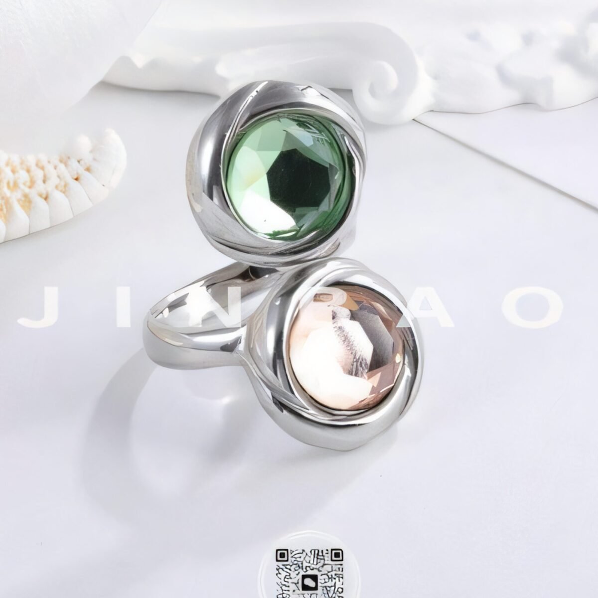 Elegant Stainless Steel Ring with Double Gemstone Design for Women |  G004502 - Image 6