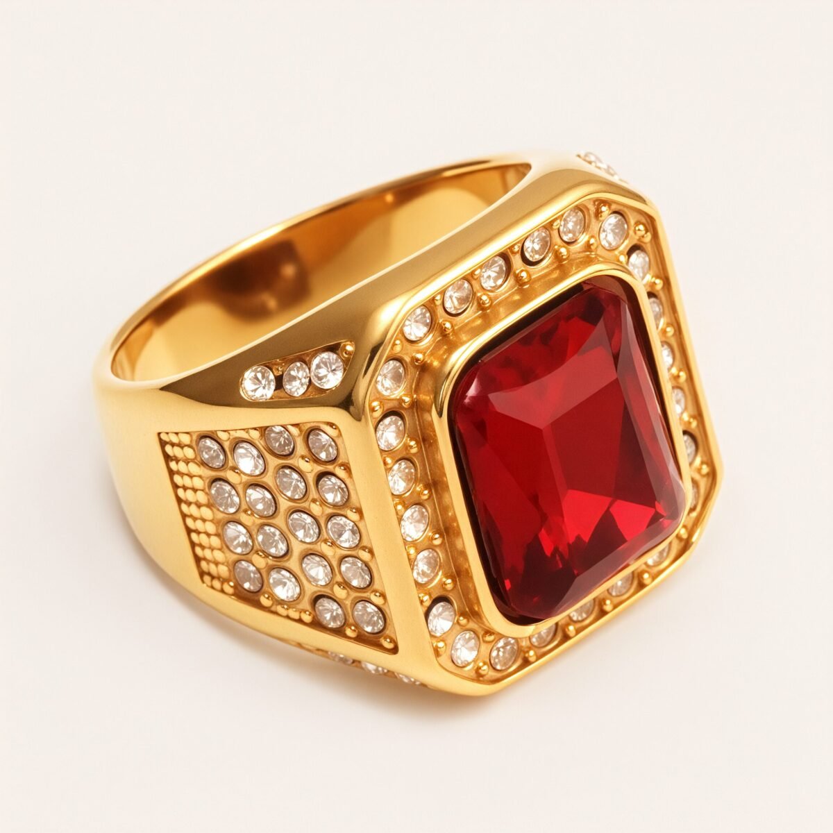 Diamond - Set Ruby Square Stainless Steel Ring, European - American Men's Ring | K002493JL - Image 4