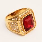 Diamond - Set Ruby Square Stainless Steel Ring, European - American Men's Ring | K002493JL - Image 4