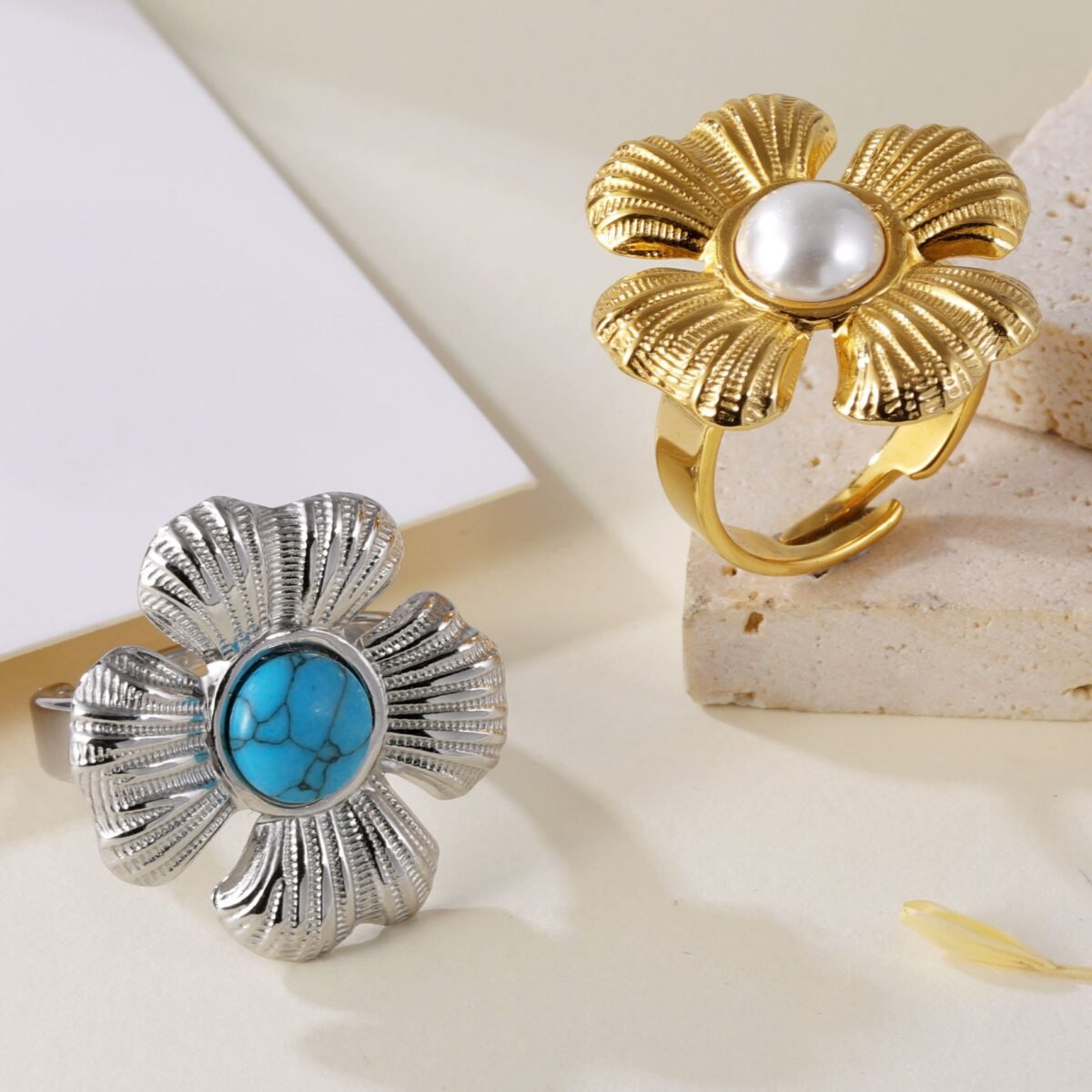 Vintage Flower Design Pearl Natural Stone Embellished Stainless Steel Adjustable Women's Ring | G005542 - Image 1