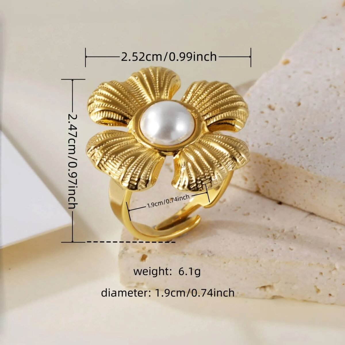 Vintage Flower Design Pearl Natural Stone Embellished Stainless Steel Adjustable Women's Ring | G005542 - Image 2