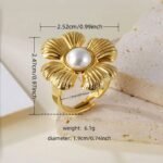 Vintage Flower Design Pearl Natural Stone Embellished Stainless Steel Adjustable Women's Ring | G005542 - Image 2