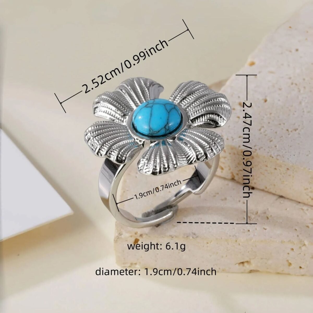 Vintage Flower Design Pearl Natural Stone Embellished Stainless Steel Adjustable Women's Ring | G005542 - Image 4