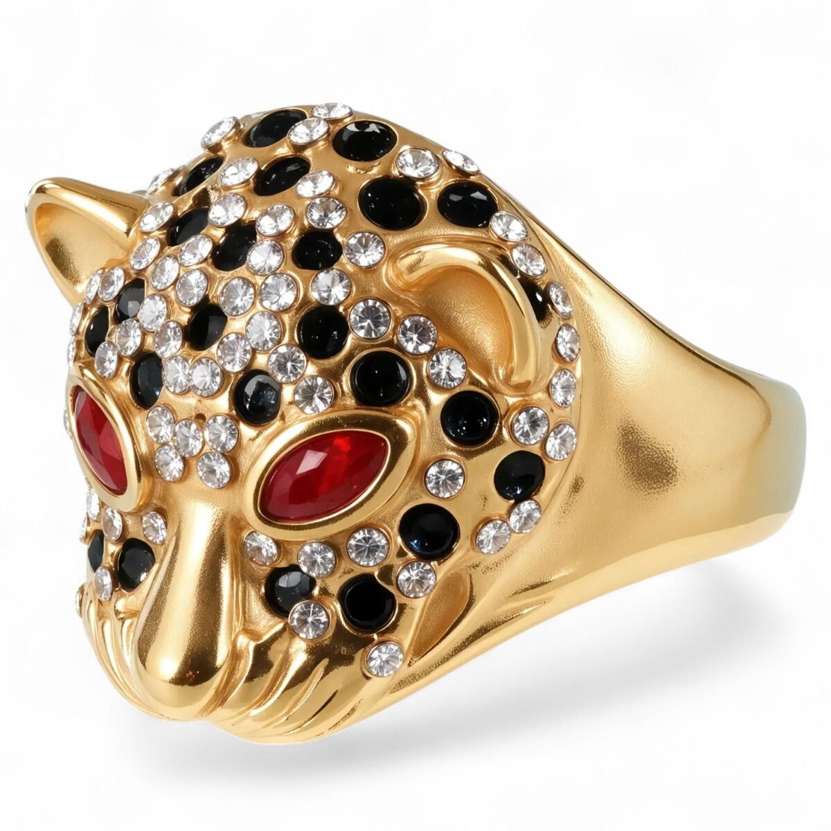 Panther Head Shining Hip Hop Inlaid Red And Black Brick Design Gold Stainless Steel Ring丨G00981 - Image 1